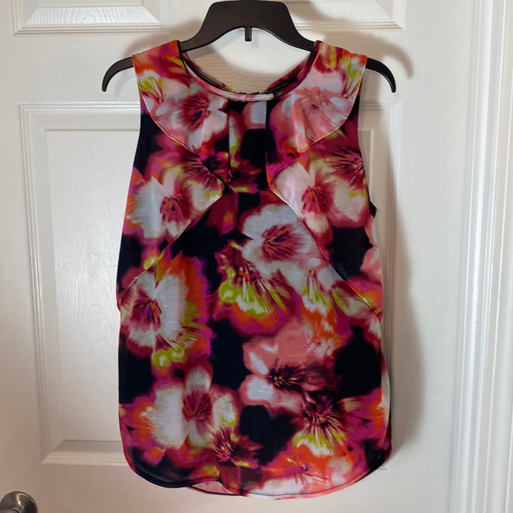 Floral Sleeveless Blouse Top Zipper closure lined Round Neck Size Large